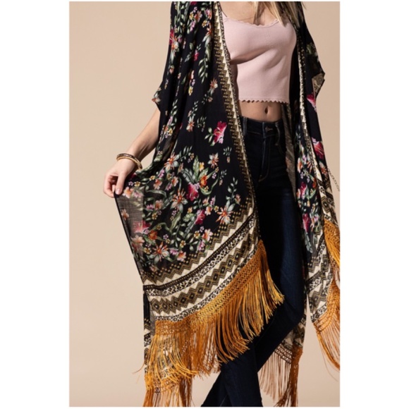 BellanBlue Tops - 022 Boho Floral Geo Print Tassel Open Front Kimono Cover up